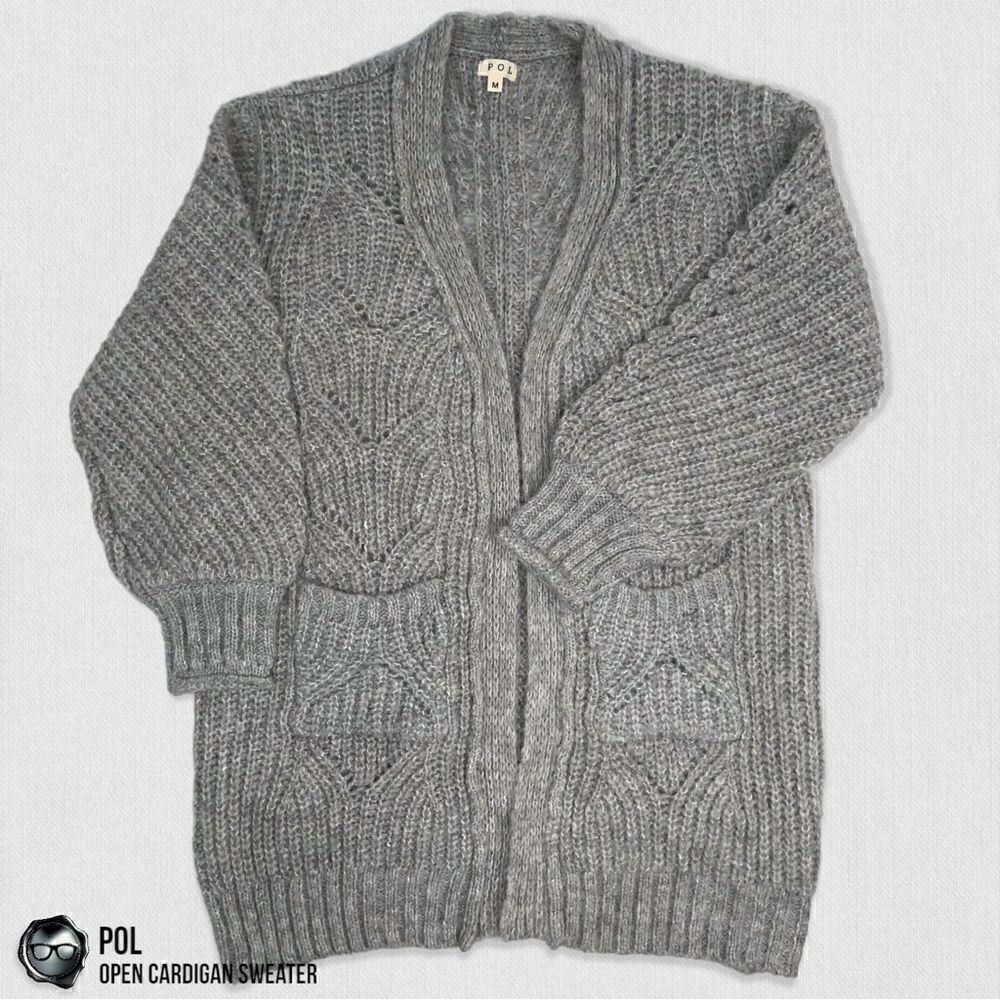 POL CHUNKY CABLE KNIT DUSTER CARDIGAN SWEATER HEATHER GREY WOMEN’S SIZE MEDIUM - Picture 2 of 15